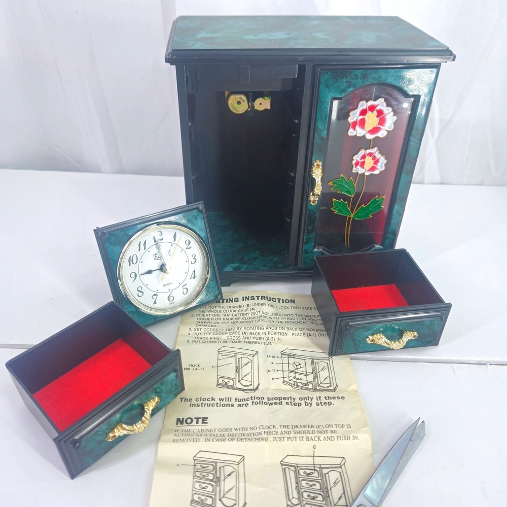 Vintage Eleco Musical Jewelry Box Quartz Clock Dancing Ballerina Floral Green - Picture 5 of 16